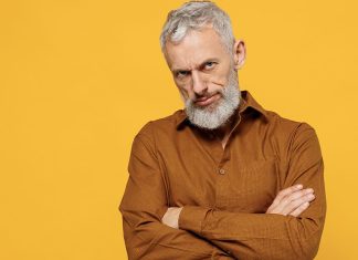 Angry,Frowning,Elderly,Gray haired,Bearded,Man,40s,Years,Old,Wears